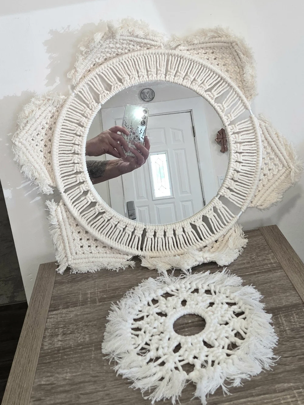 Handmade Macrame Wall Mirror Round Bohemian Beige Cotton Rope and Coaster SEE DE